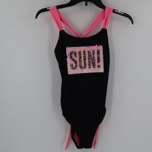 Justice Girls Sun/Fun Double Sided Sequin Swim Suit Black/Pink Size 12